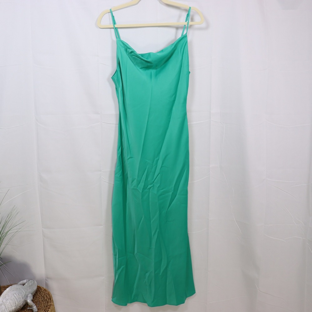 Forever 21 Satin Maxi Dress S Green Women Cowl Neck Spaghetti Strap Slip
